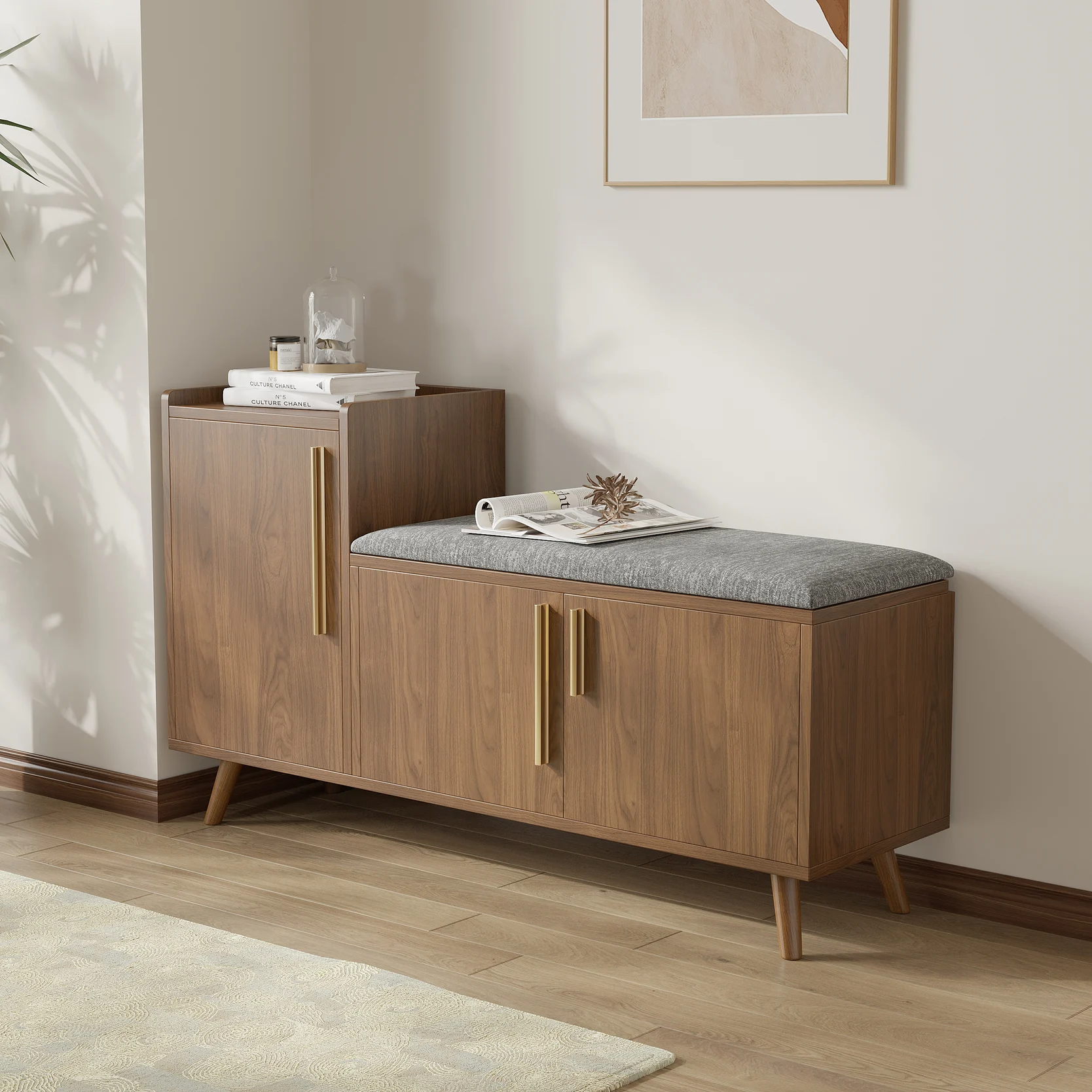 Modern Leather Upholstered Entryway Bench in Walnut Wood Shoe Storage – Homary